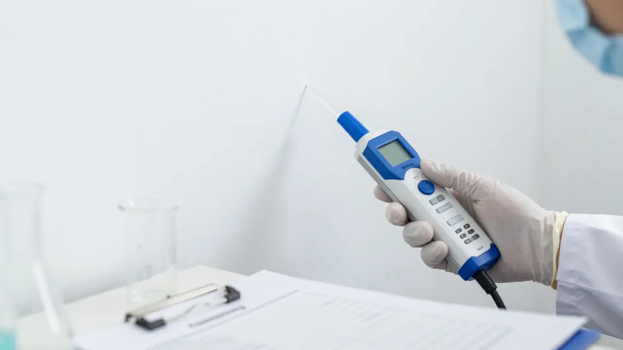 Techniker führt Luftmessung nach Schimmelsanierung durch
