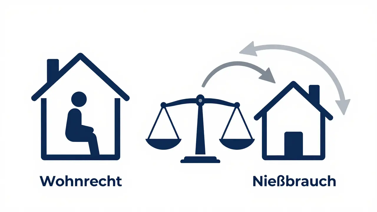 Vektorgrafik: Vergleich Wohnrecht und Nießbrauch mit Symbolen für Nutzung und Mieteinnahmen