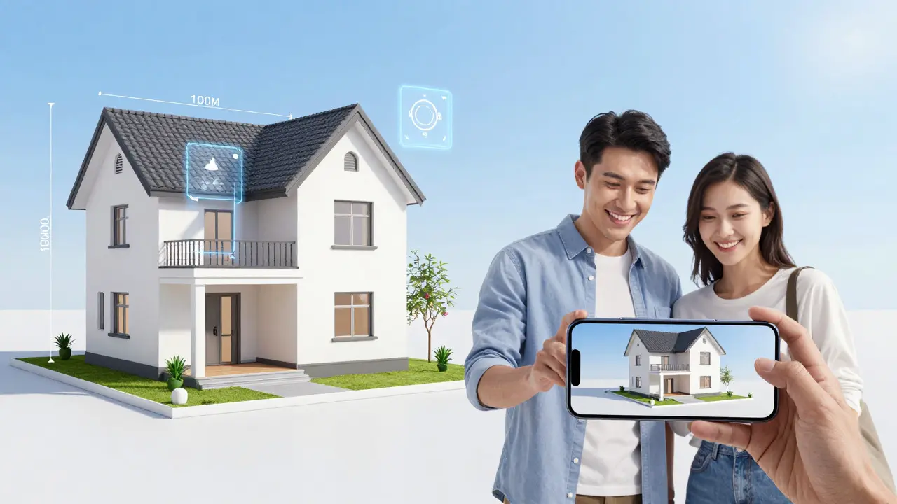 3D-Hausmodell mit AR-Messungen und glückliches Paar, das Tour am Smartphone sieht.