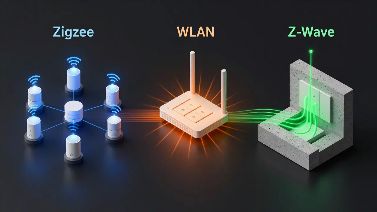 Abstrakte Darstellung von Zigbee-, WLAN- und Z-Wave-Funknetzwerken für Smart Home