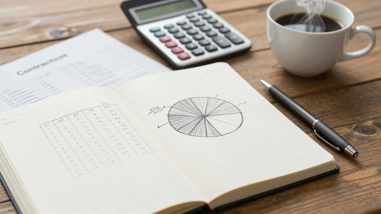 Budgetplanung mit Notizbuch und Kalkulation für Hausrenovierung