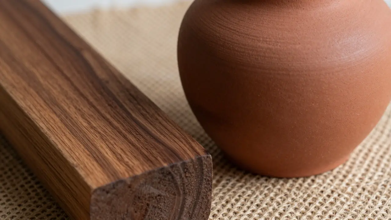 Detailaufnahme von Keramik, Holz und Jute im Wabi-Sabi-Stil