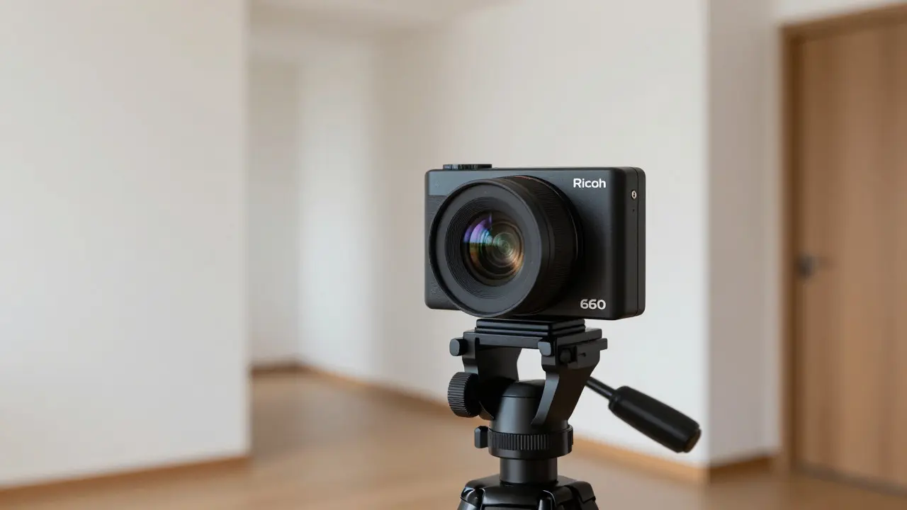 Fotograf stellt 360-Kamera auf Stativ in leerer Wohnung für digitalen Rundgang auf.