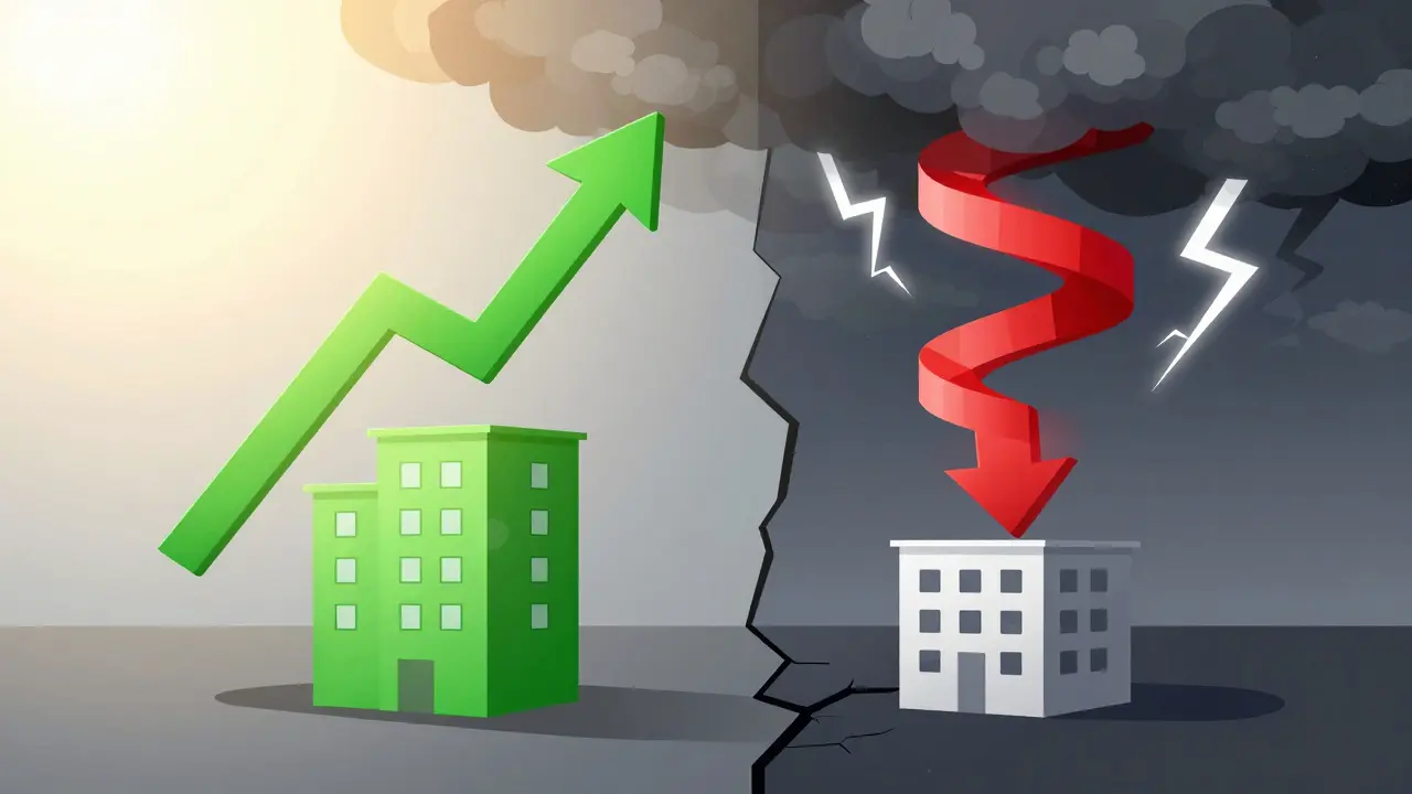 Grafik: Positiver grüner Pfeil versus negativer roter Pfeil bei Immobilien