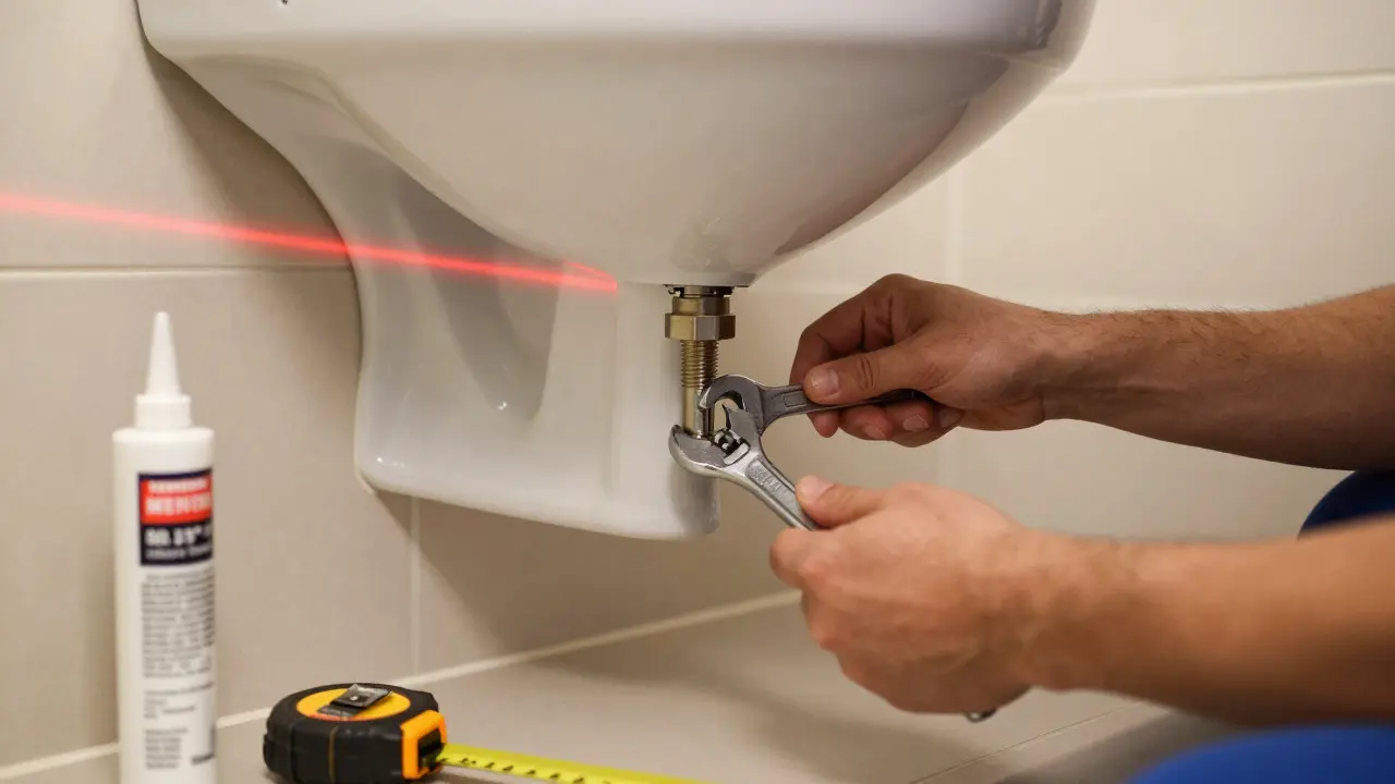 Handwerker installiert präzise ein Hänge-WC mit Laserwaage