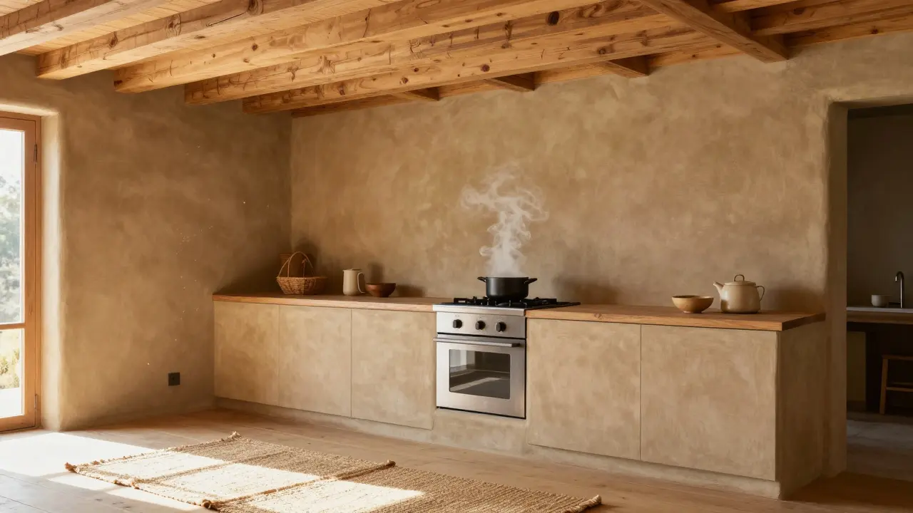 Helle Küche mit Holzbalken und Lehmwänden für gesundes Raumklima