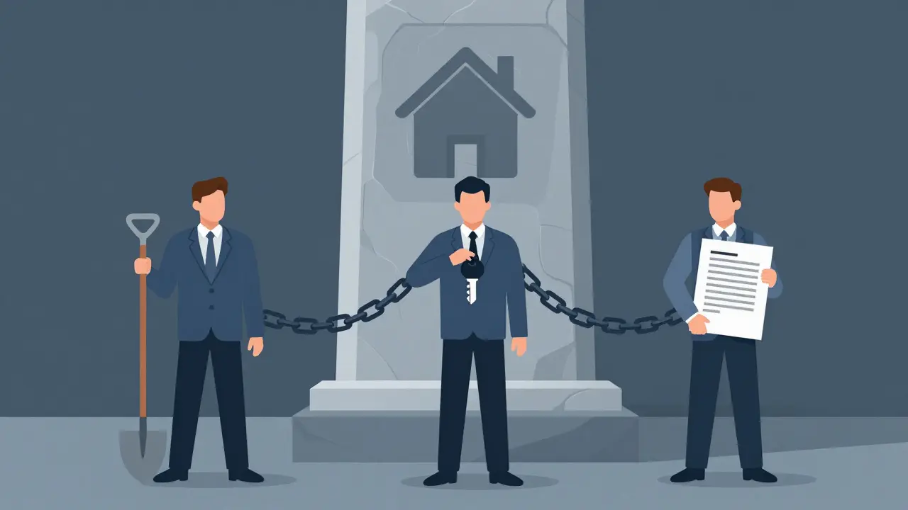 Illustration der dreifachen Haftung bei Altlasten mit drei verbundenen Figuren