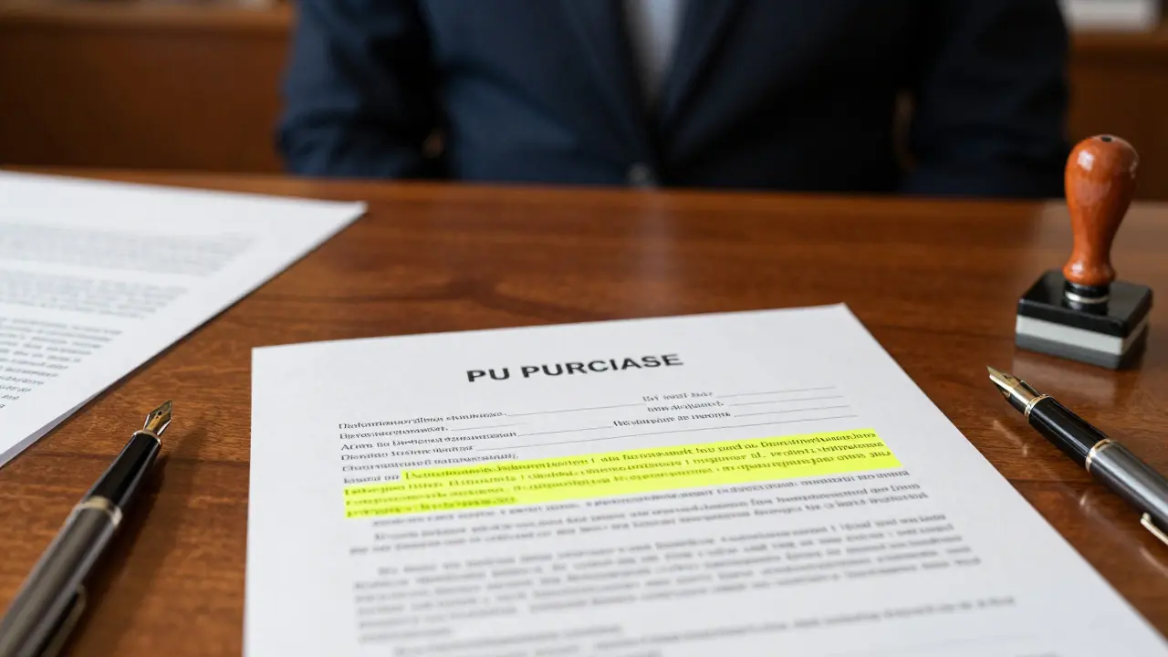 Immobilienkaufvertrag auf dem Tisch des Notars mit markierten Klauseln