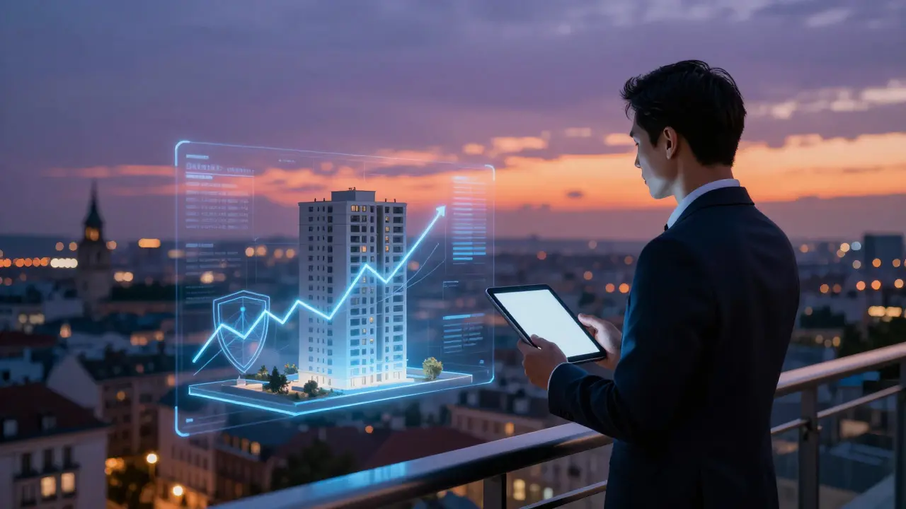Investor mit Hologrammen über Stadtansicht bei Sonnenuntergang