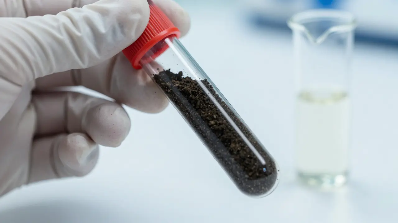 Nahaufnahme einer Bodenprobe und Wasserprobe in einem Labor