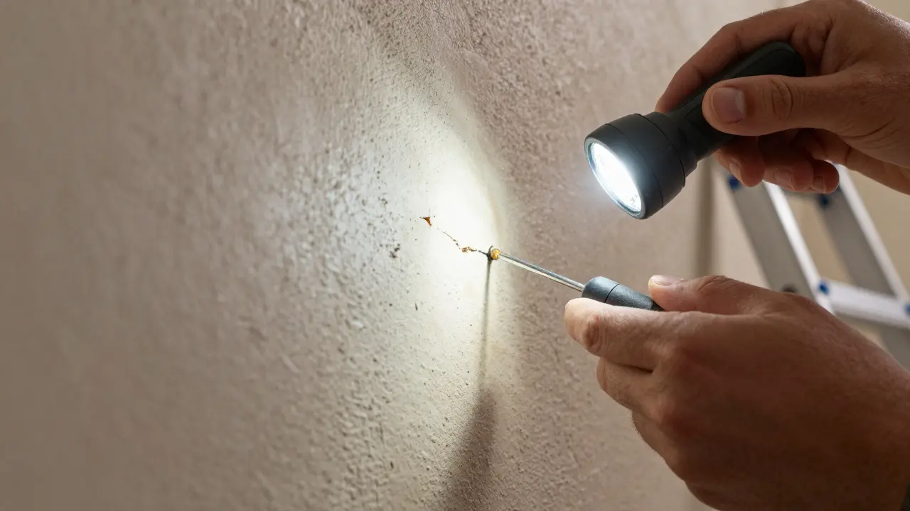 Nahaufnahme: Feuchtemessgerät und Taschenlampe an Wand