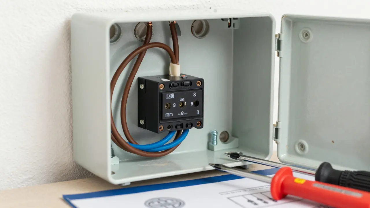 Öffnung einer Schalterdose mit sichtbarem blauen Nullleiter und Smart-Relay