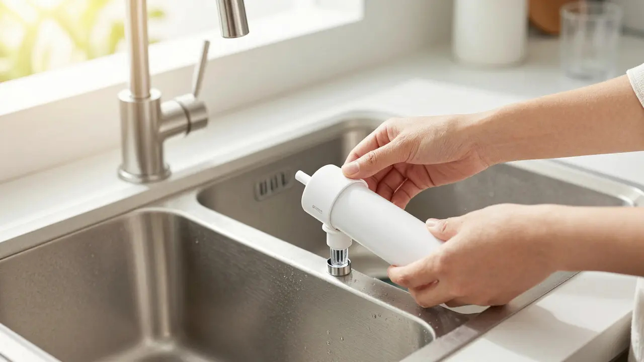 Person installiert ein kompaktes salzfreies Wasserfiltermodul unter der Spüle