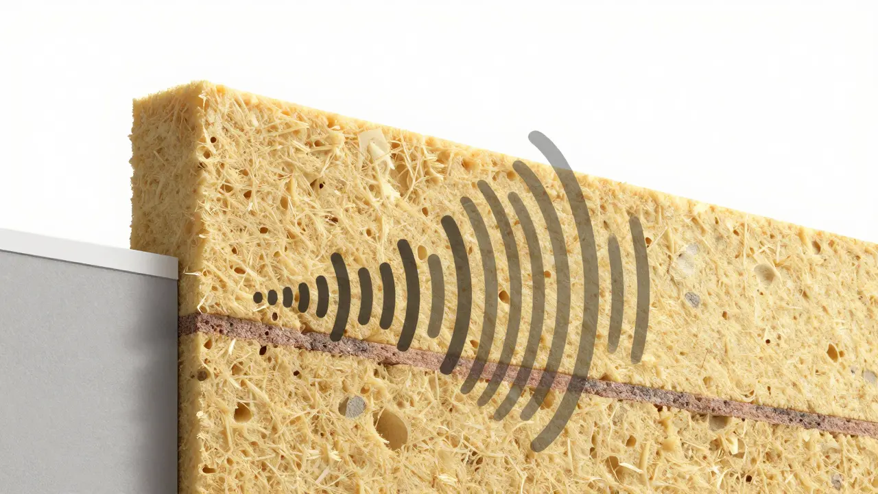 Schnittbild der Fassade zeigt Schallwellen-Absorption durch Mineralwolle
