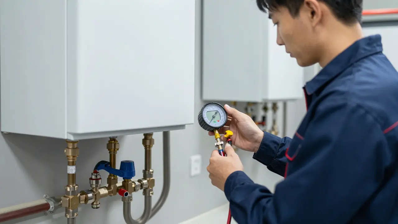 Techniker misst den Durchfluss an einer modernen Heizungsanlage im Keller