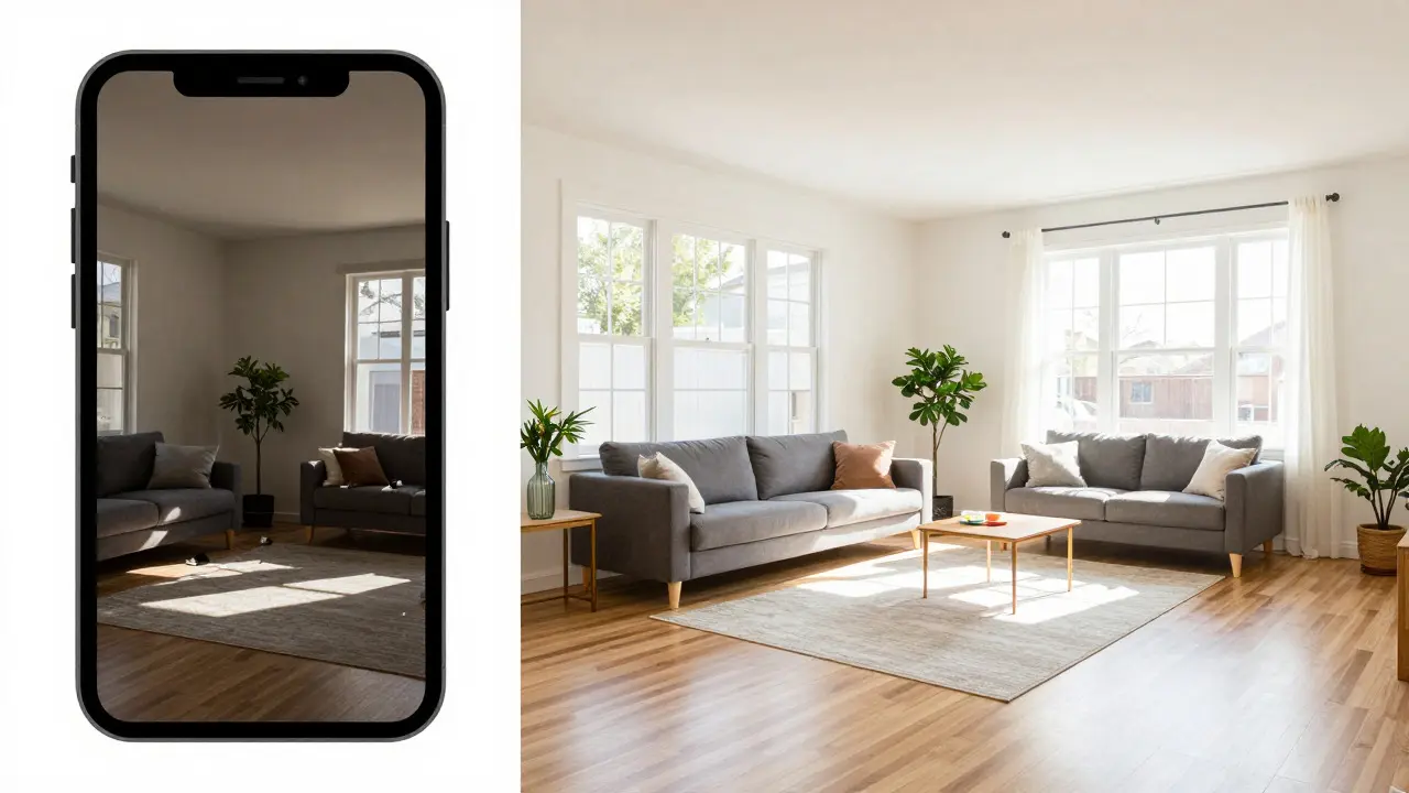 Vergleich dunkler Handyfotos und professioneller Immobilienfotos