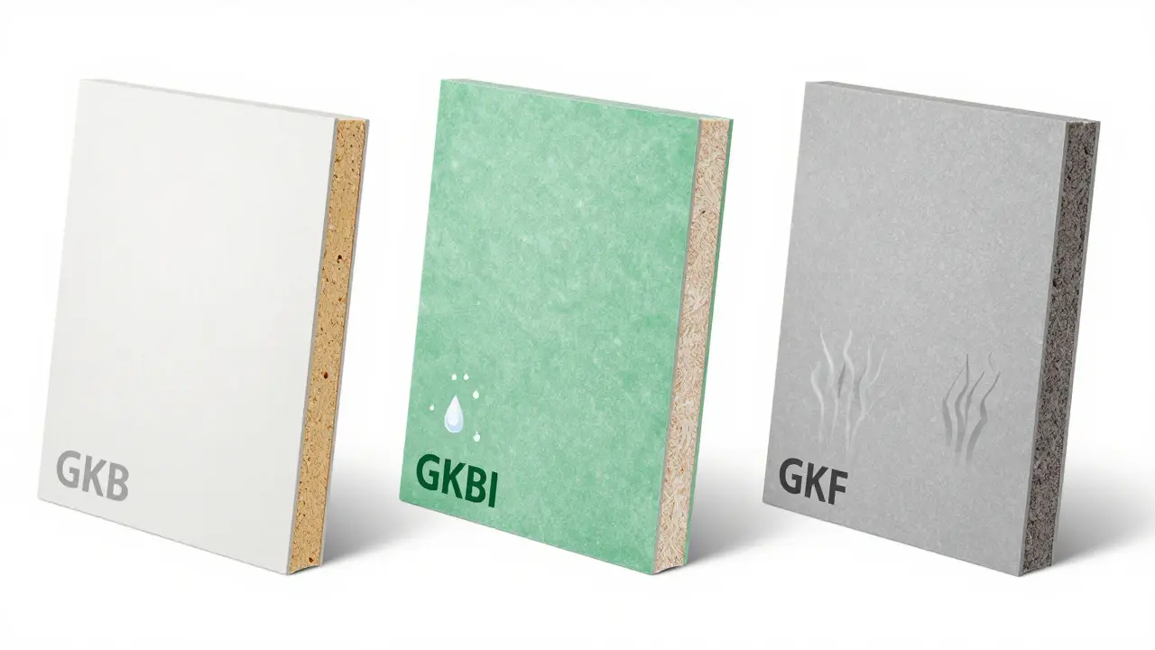 Vergleich weißer, grüner und grauer Gipskartontypen