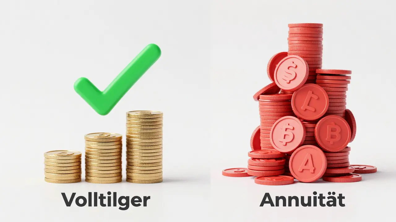 3D-Illustration: Vergleich von Volltilger und Annuität durch unterschiedlich hohe Geldmengen.