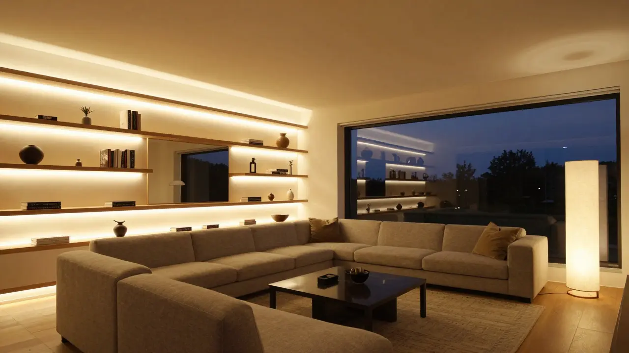 Abendliches Wohnzimmer mit indirekter LED-Beleuchtung und reflektierendem Spiegel
