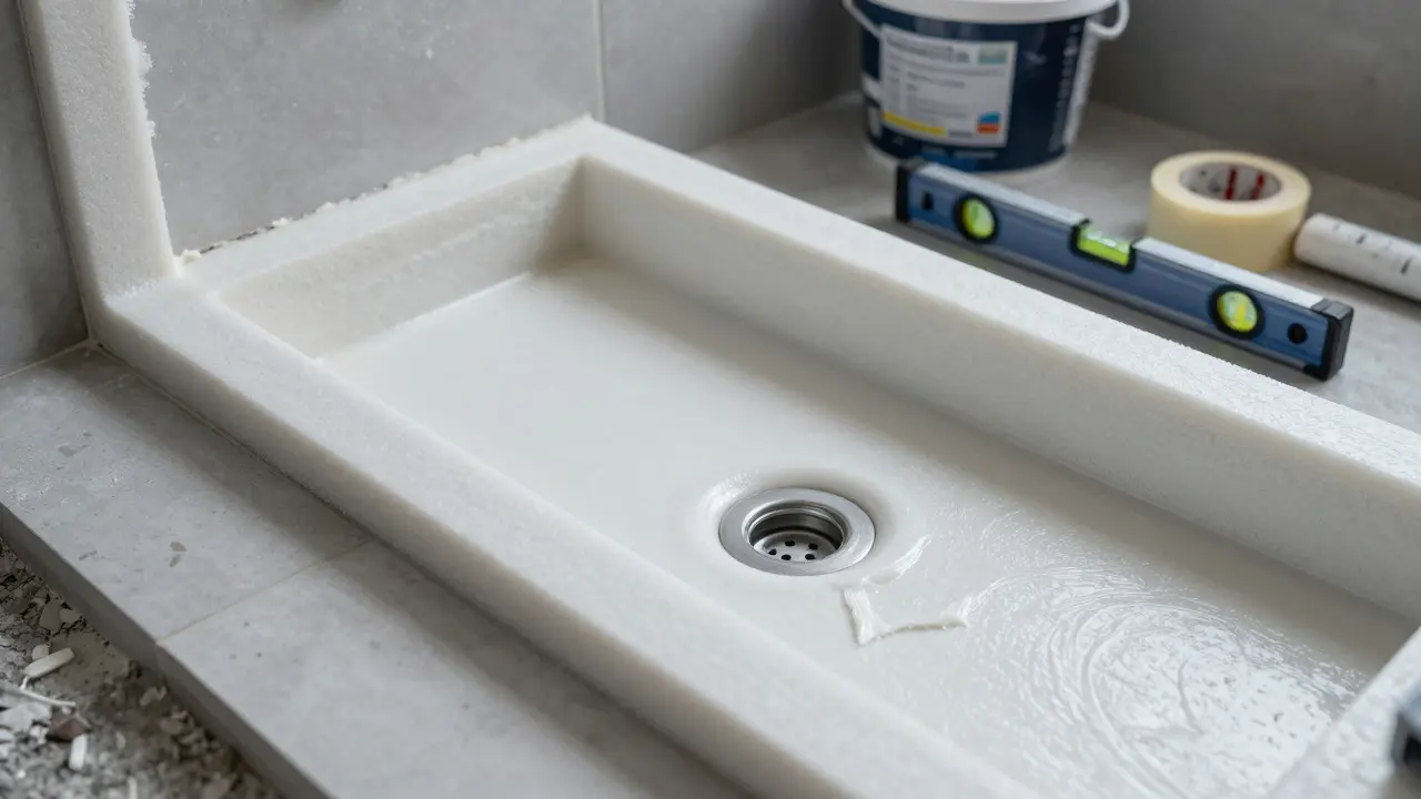 Close-up of installing a shower base element with level and adhesive