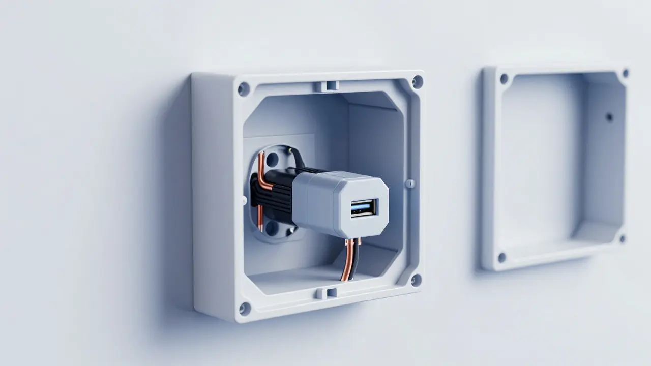 Cross-section view of a deep wall box containing a USB power module and wiring