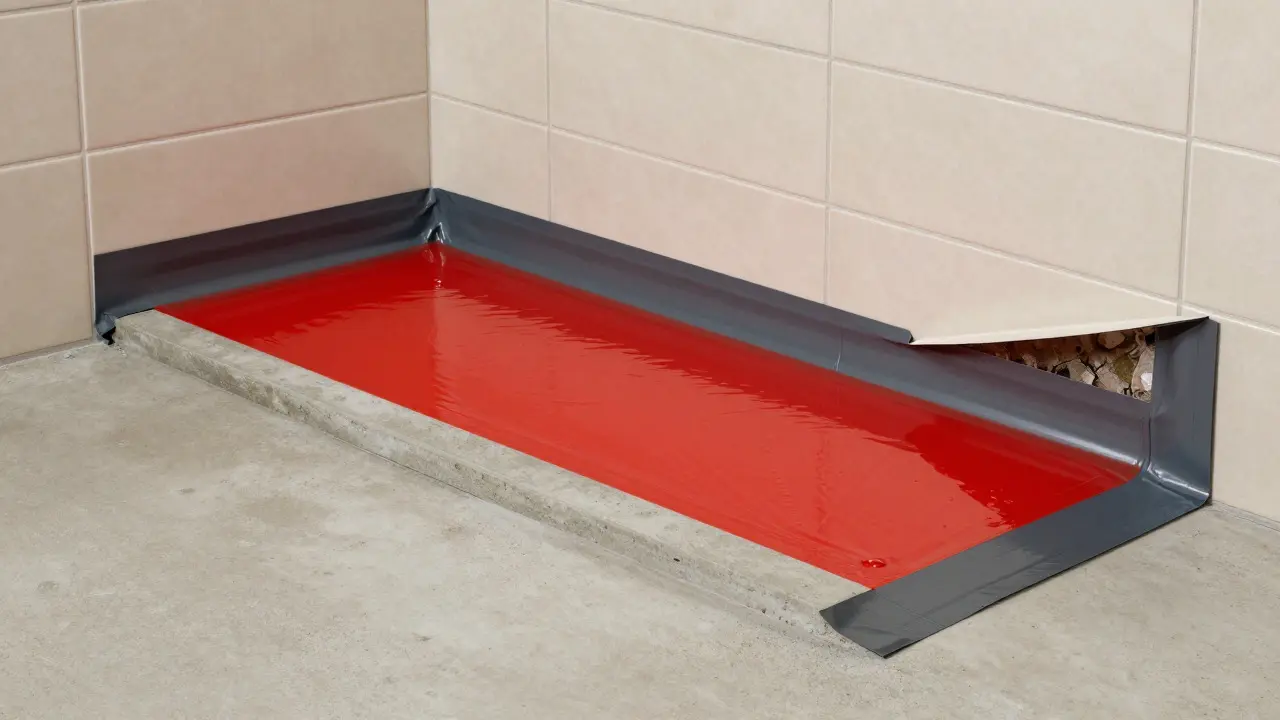 Cutaway view showing waterproofing layers under bathroom floor tiles
