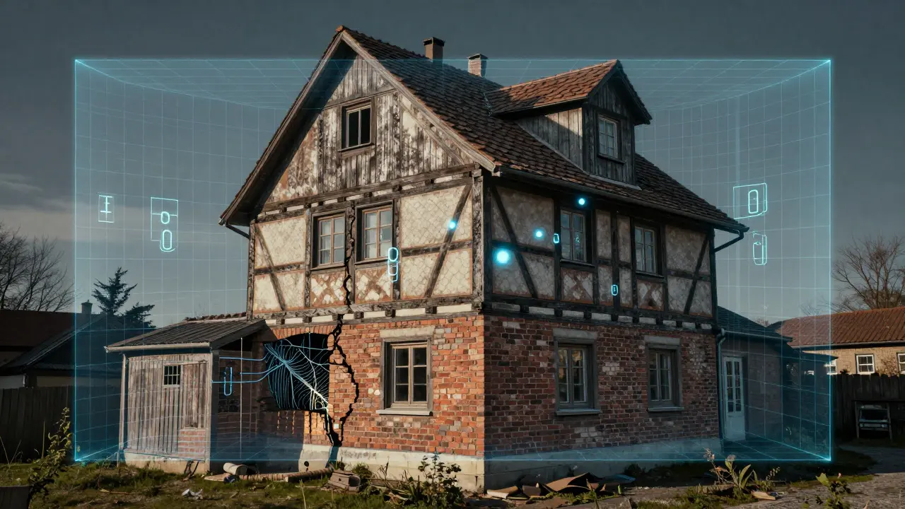 Digital grid overlay on a house showing missed structural details