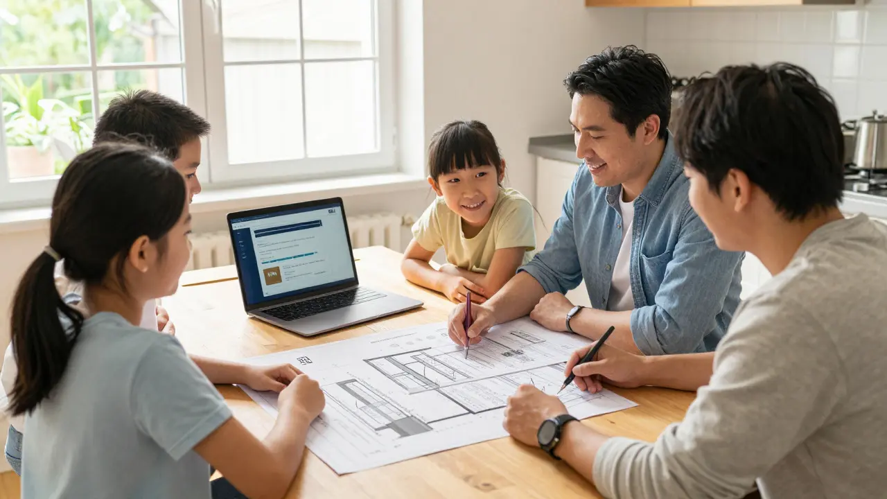 Familie bespricht Sanierungsplan mit Energieberater am Tisch