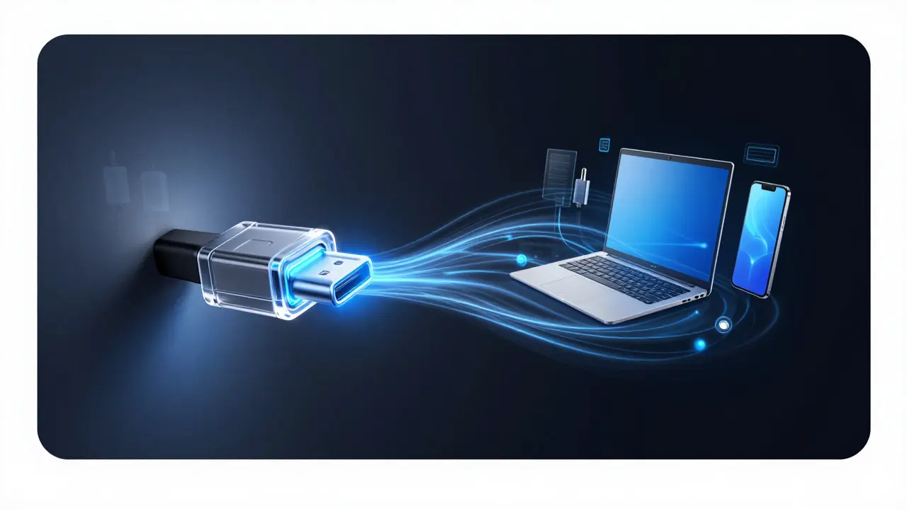 Futuristic glowing USB-C port with abstract energy lines connecting to devices