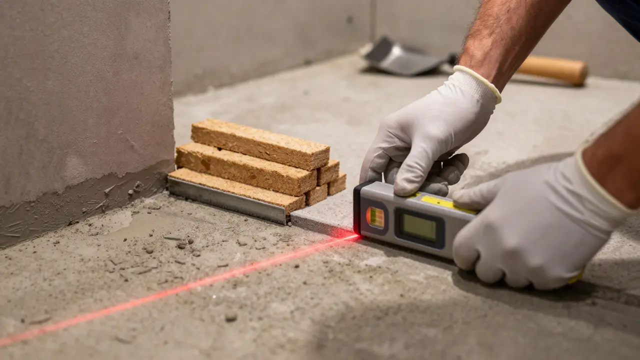 Handwerker justiert das Gefälle mit Laserwaage und XPS-Formteilen vor dem Verfliesen