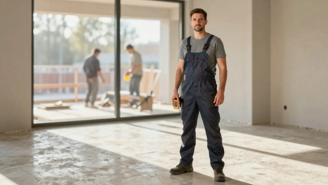 Handwerker misst die Restfeuchte im Estrich mit einem digitalen Messgerät
