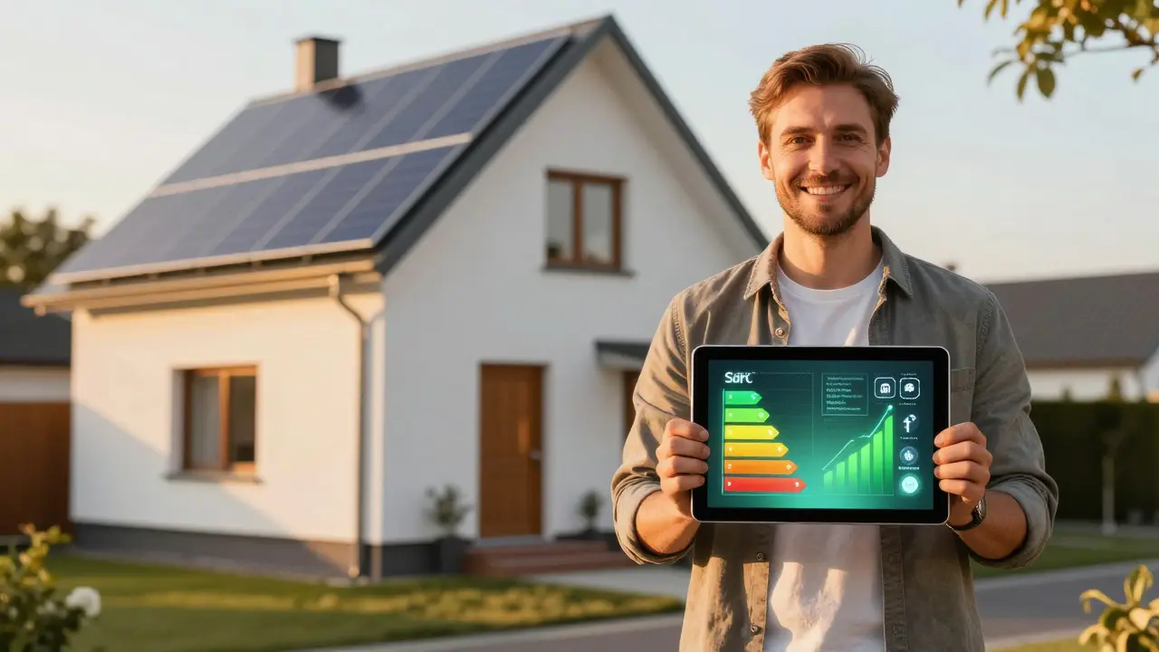Hausbesitzer mit digitalen Energieeffizienzdaten vor dem Haus
