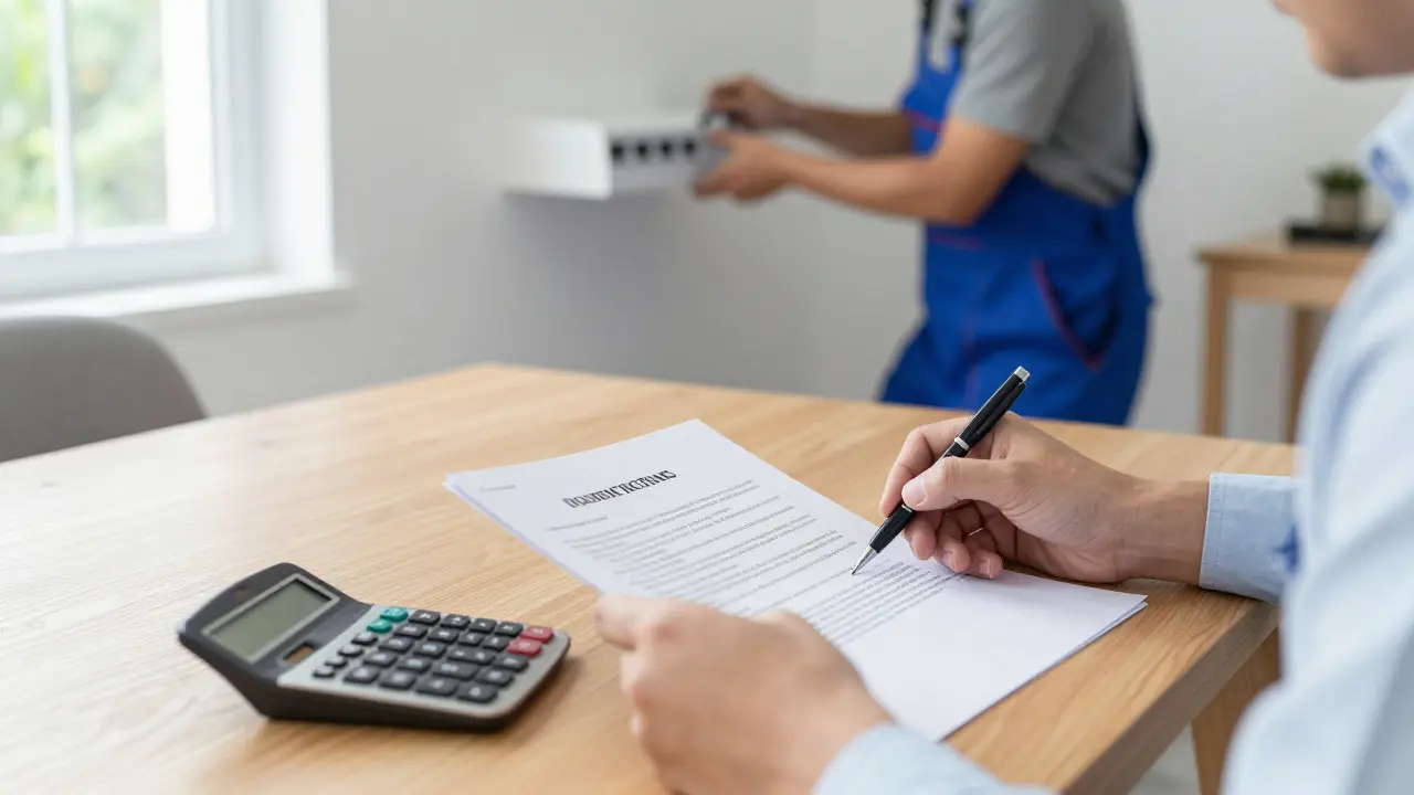 Homeowner signing a contract while a professional electrician works