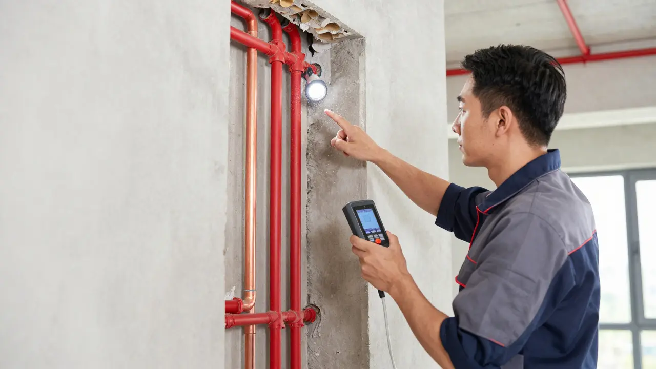 Installateur prüft neue Kupfer- und PEX-Rohre bei Sanierung