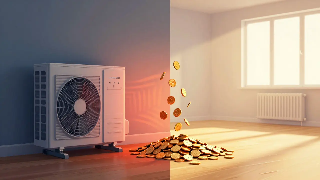Konzeptkunst: Finanzielle Einsparungen durch den Wechsel von Elektroheizung zu Wärmepumpe