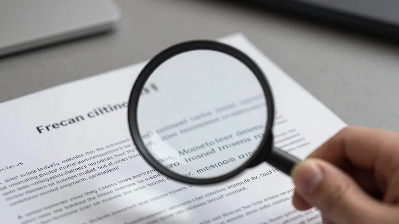Lupe über einem Vertragstext zur Prüfung versteckter Kosten und Fairness
