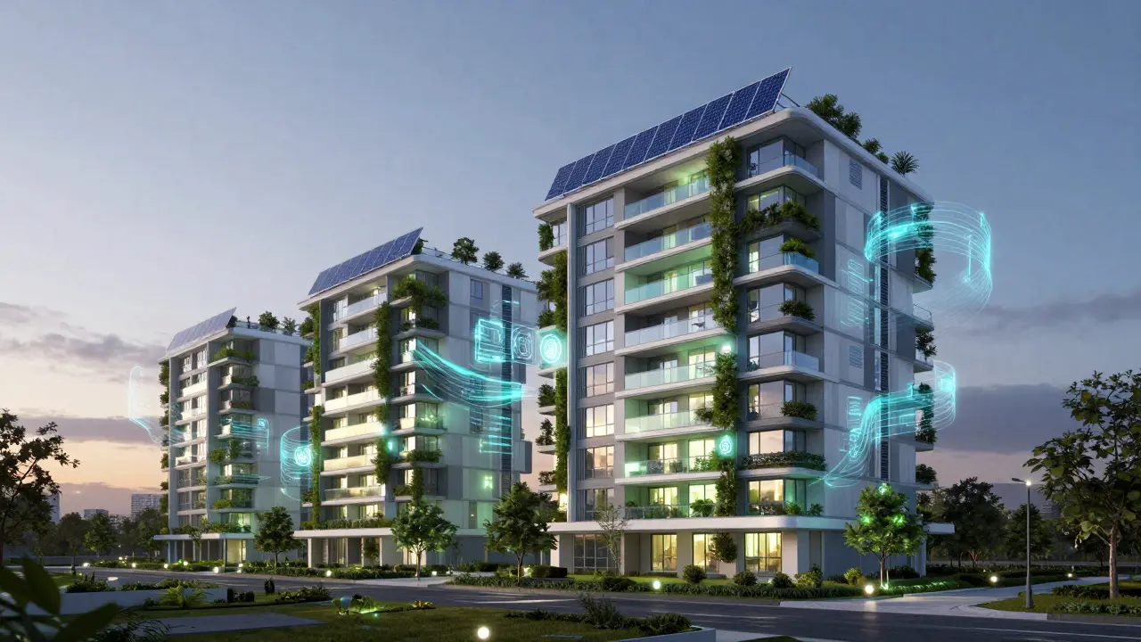 Moderne Wohnung mit Solaranlagen und digitalen Datenströmen bei Dämmerung