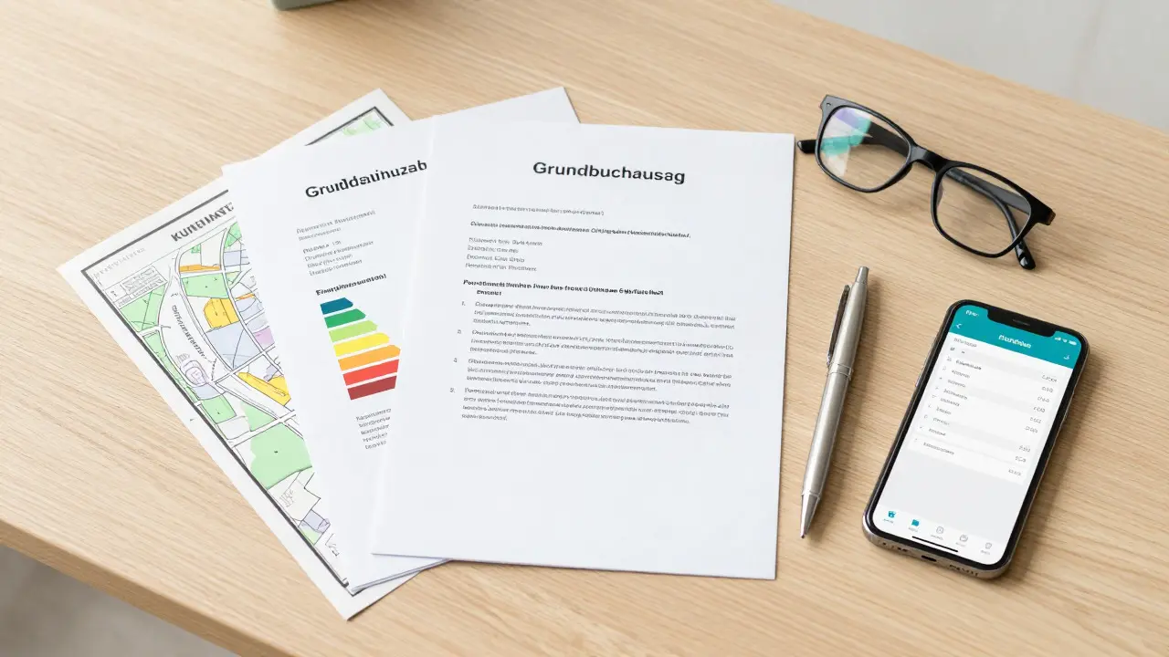 Ordentliche Dokumente wie Grundbuch und Energieausweis auf einem Schreibtisch