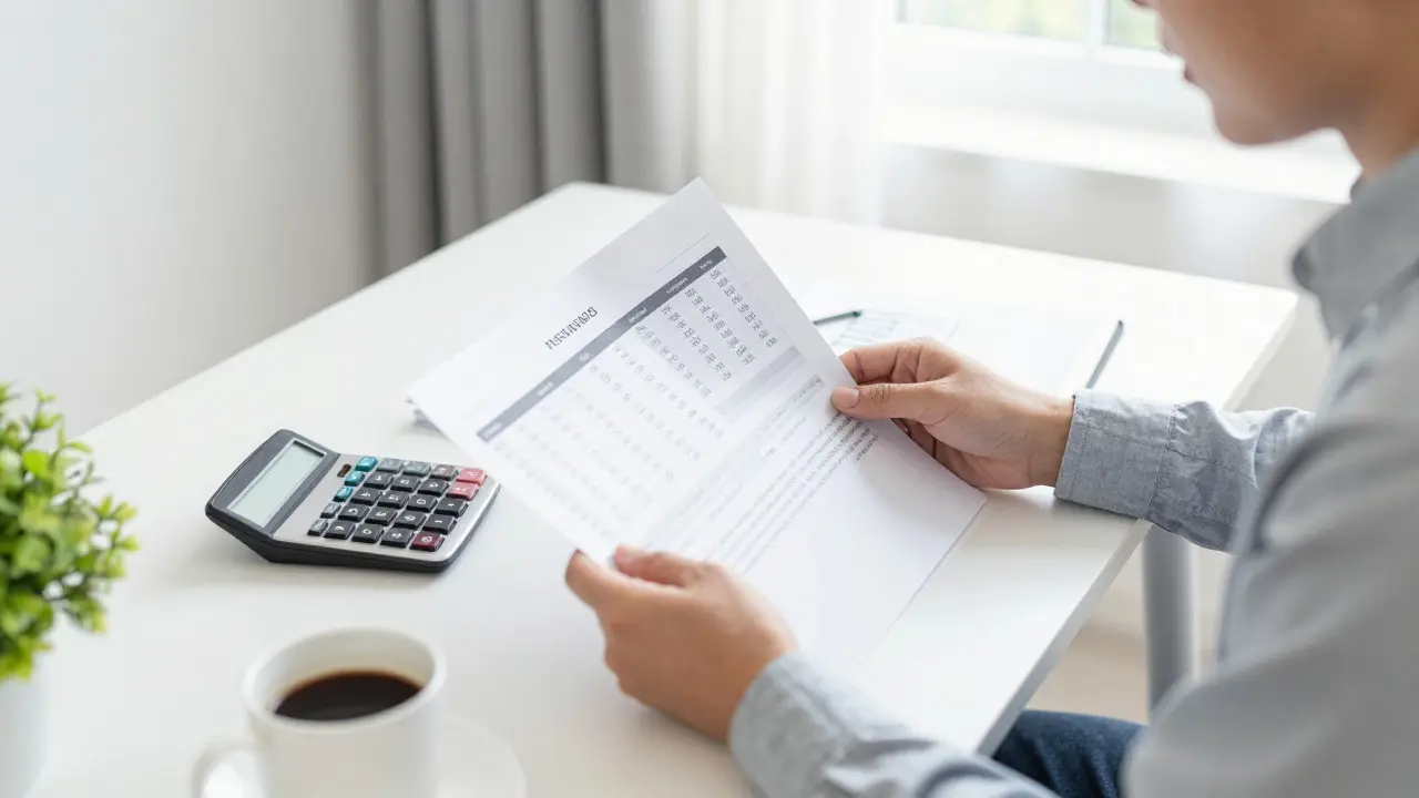 Person reviewing detailed financial documents for a property purchase