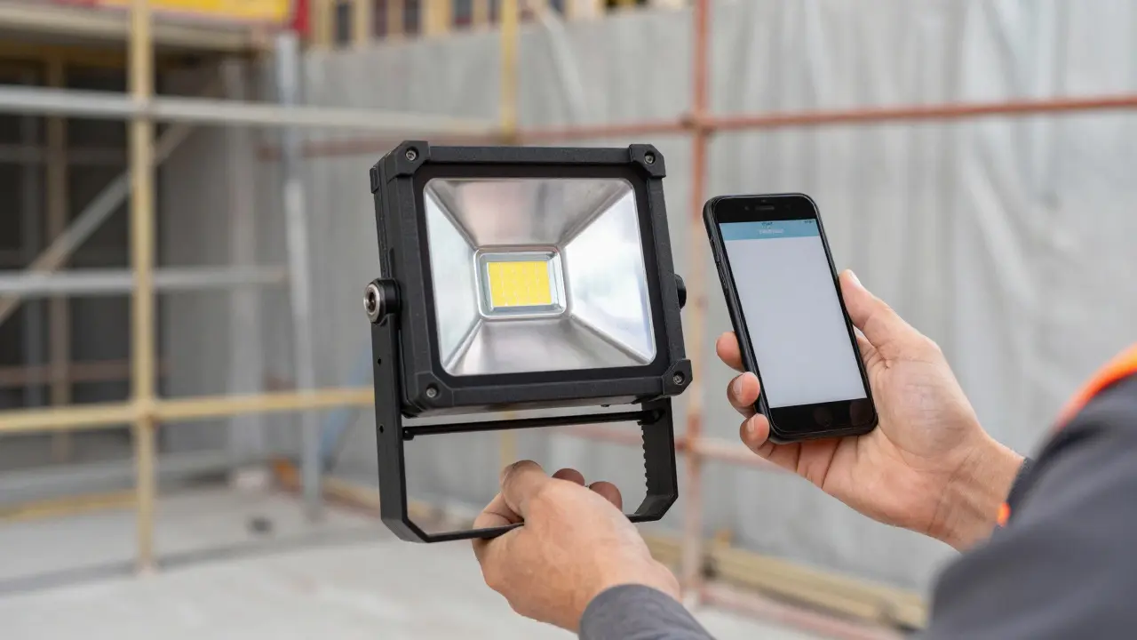 Robuster IP65-LED-Baustrahler in der Hand eines Handwerkers