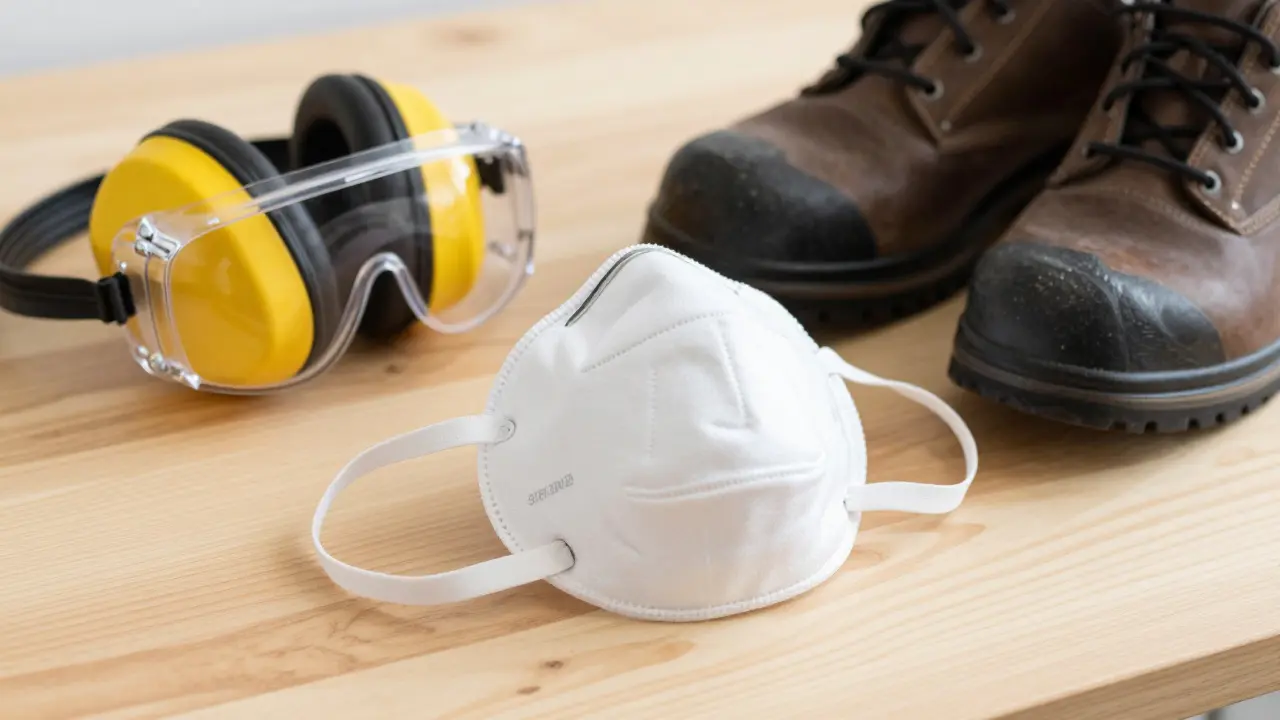 Sicherheitsausrüstung wie Maske, Brille und Schuhe auf Tisch