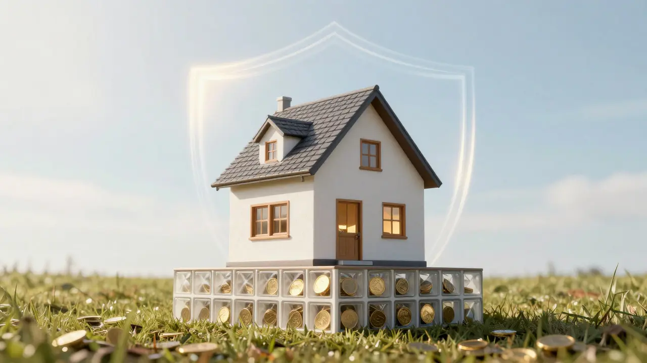 Symbolische Darstellung eines Hauses auf einer Glasbasis mit Goldmünzen als Sicherheit