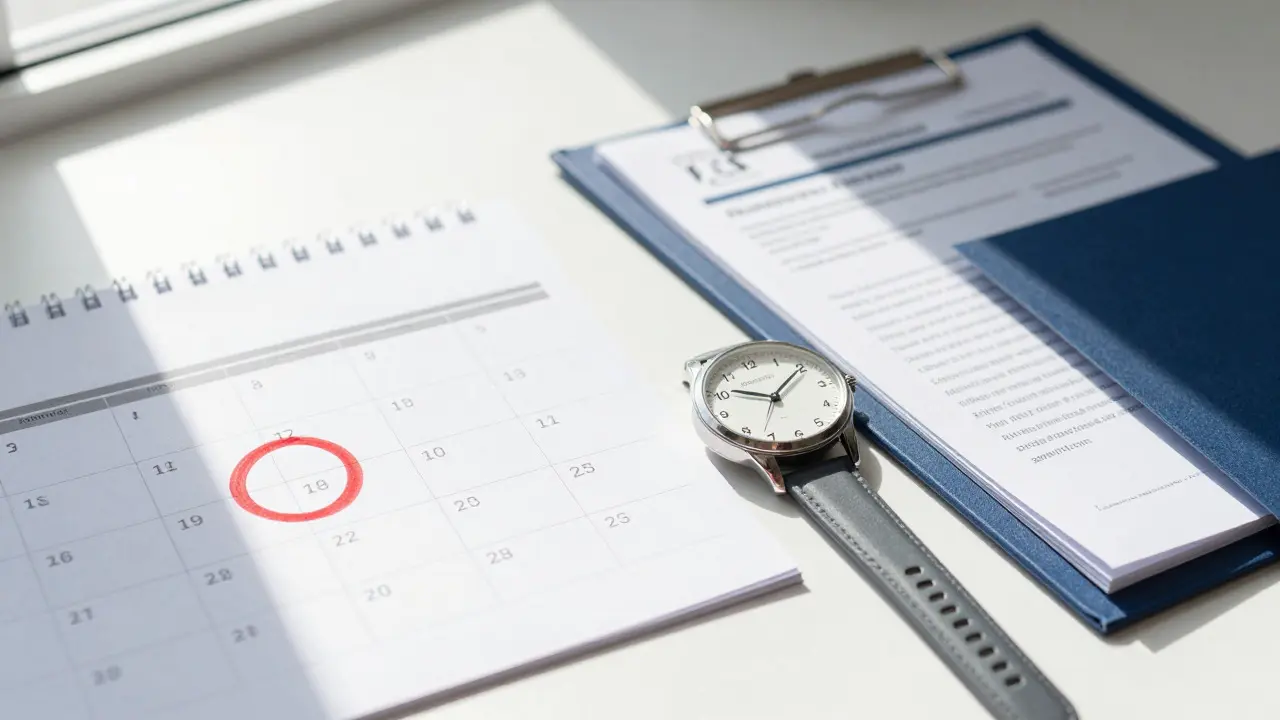 Uhren und Kalender mit markierten Terminen auf einem Schreibtisch