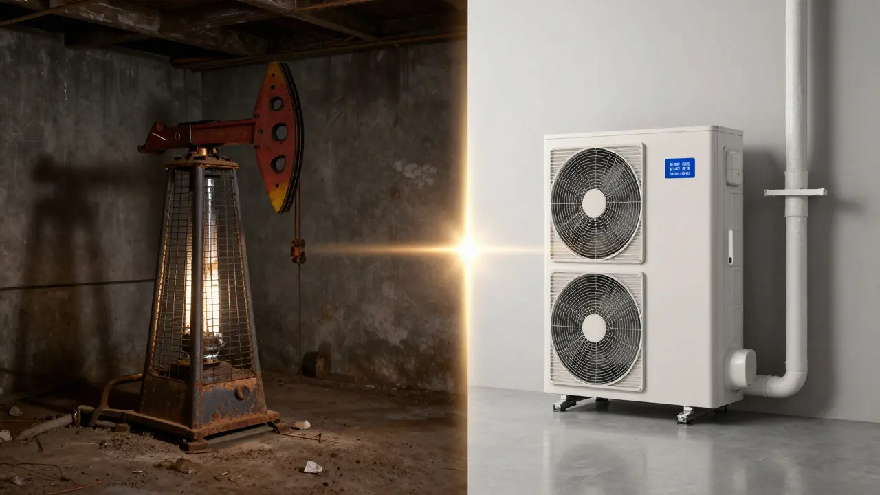 Vergleich alter Ölheizung und neuer Wärmepumpe