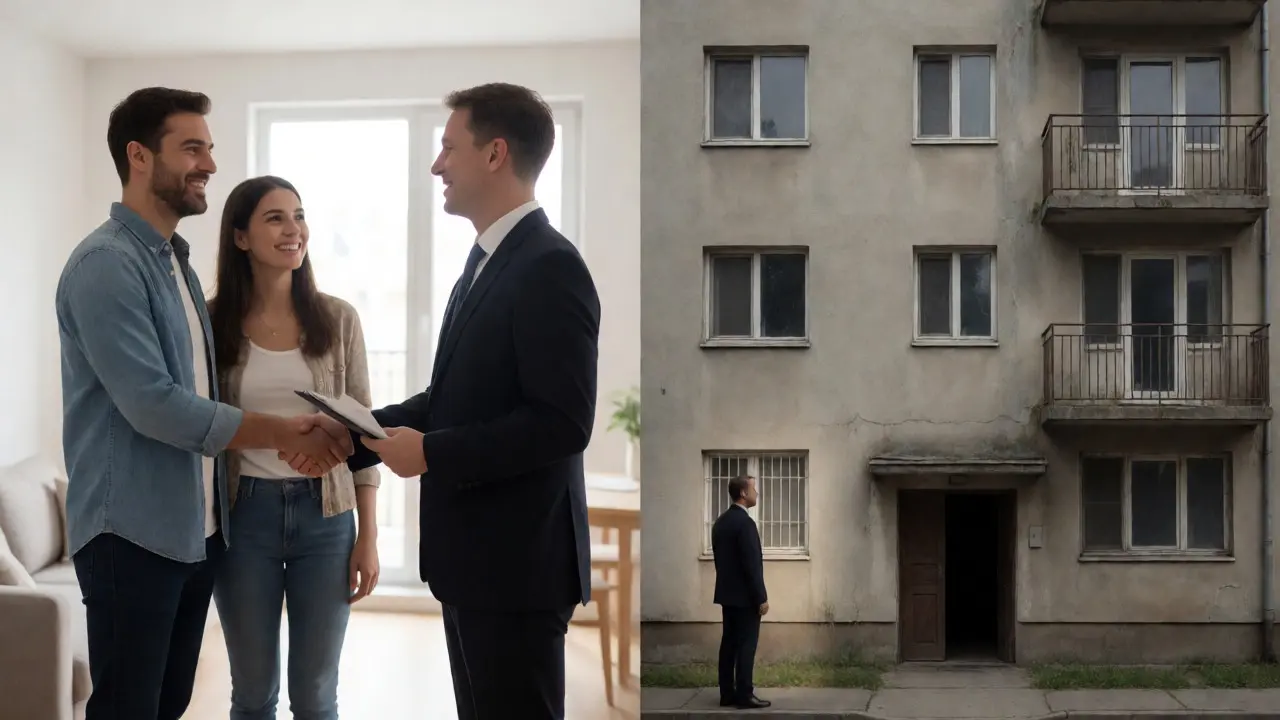 Vergleich zwischen normalem Immobilienkauf und Zwangsversteigerung im Split-Screen.