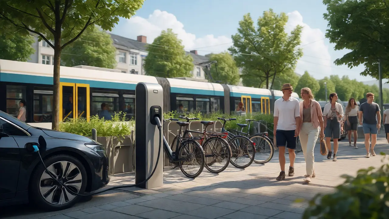 E-Auto-Ladesäule und Fahrradgarage neben öffentlicher Verkehrsmitteln.