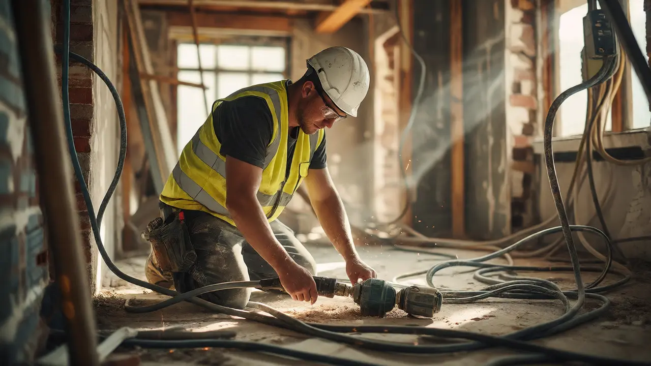 Elektriker schließt Werkzeug auf der Baustelle sicher an den Verteiler an