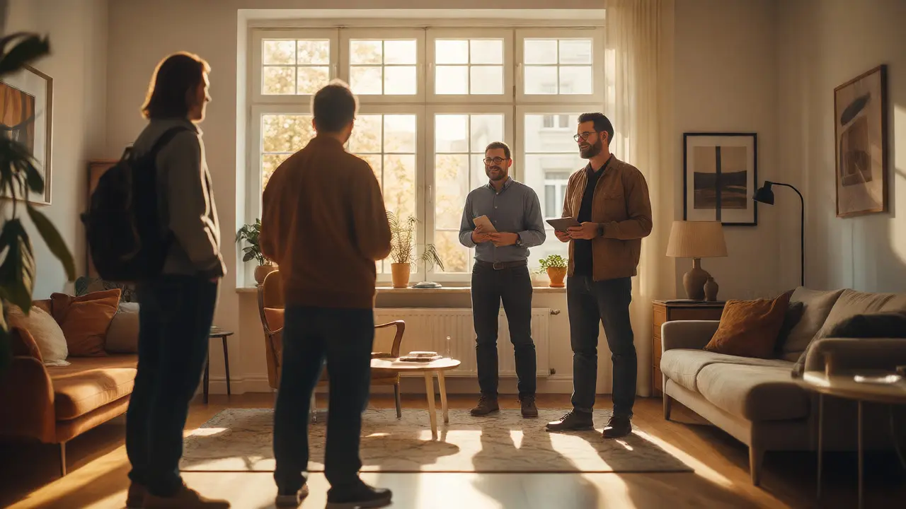 Entspannte Gruppenbesichtigung einer Wohnung mit ernsthaften Käufern