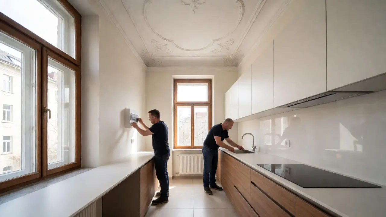 Fertig renovierte moderne Küche in einem Altbau mit Stuckdecke