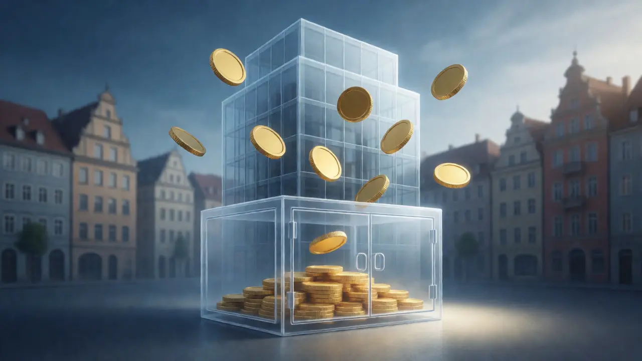 Glasgebäude mit goldenen Münzen in einem Tresor als Symbol für Rücklagen